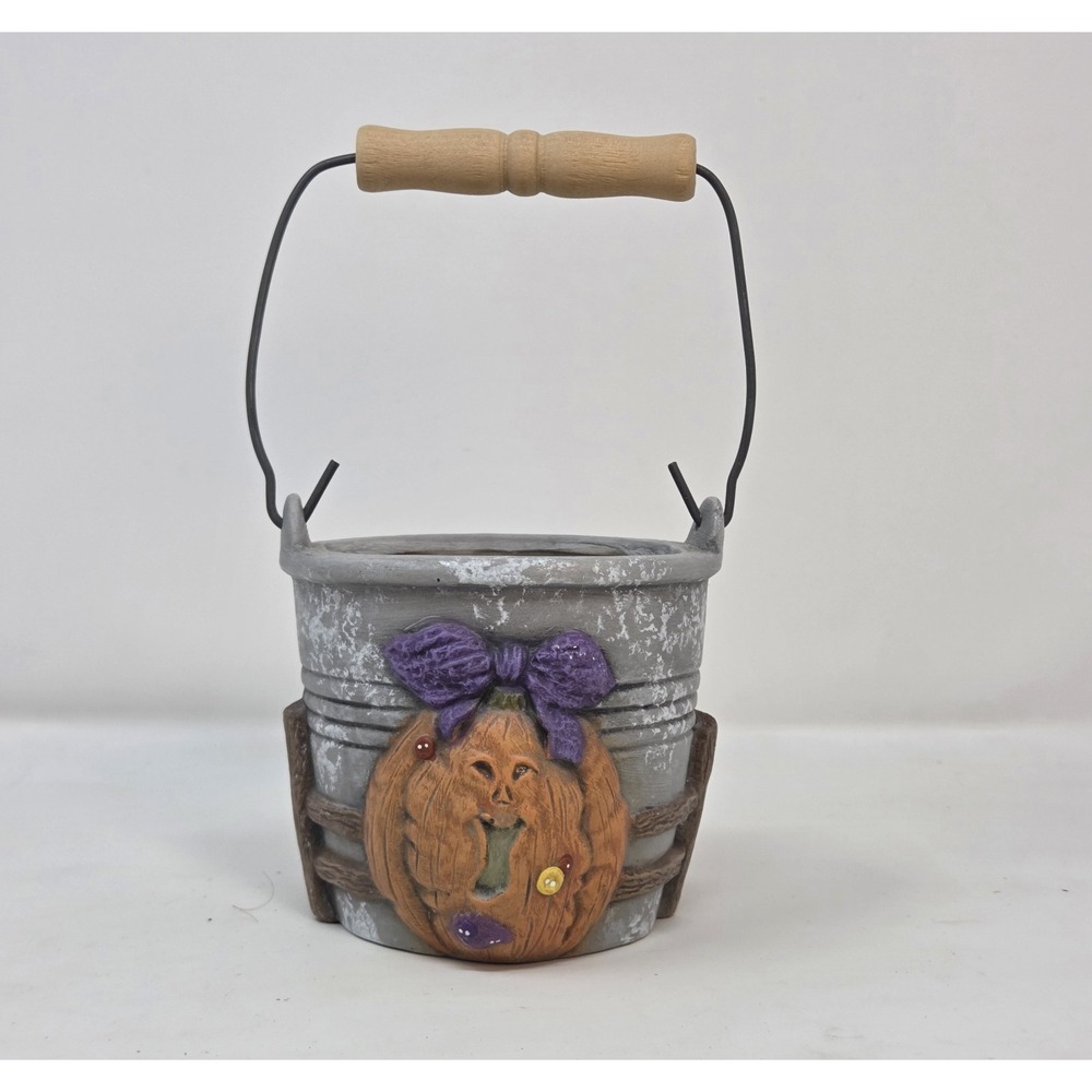 Rustic Resin Halloween Pumpkin Jack-O-Lantern Bucket Pail Purple Bow Crow Fence